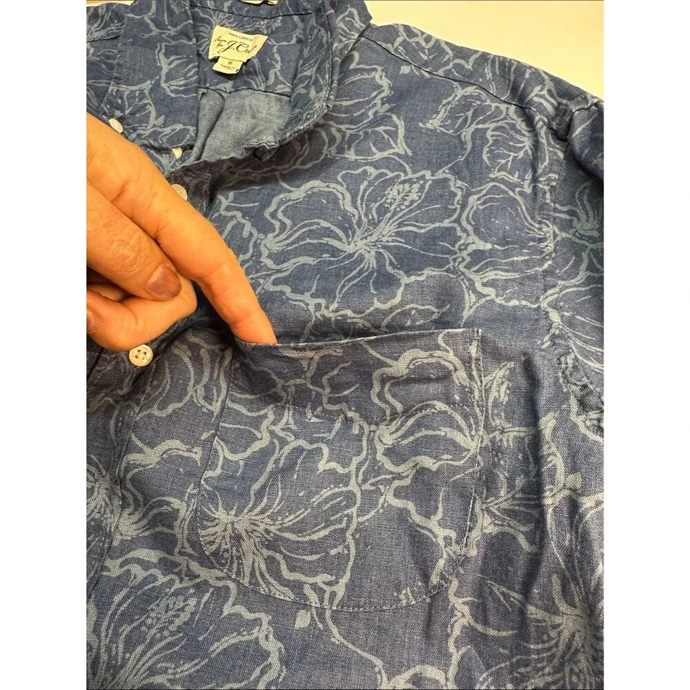 J. Crew Linen Button Up Long Sleeve Shirt, Blue Tropical Floral Men's M Slim Fit